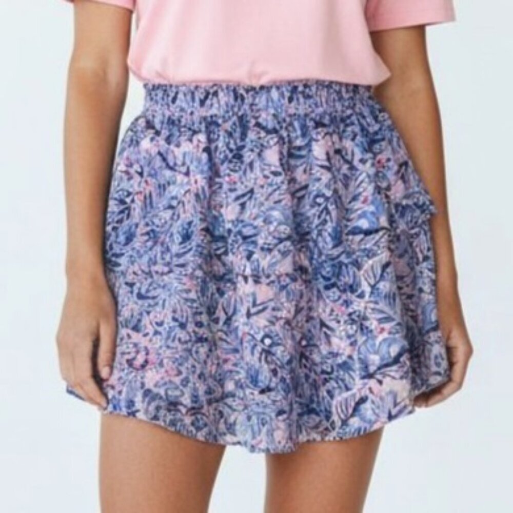 Simply Southern Womens Medium New Tiered Ruffle Mini Skirt Blue Floral